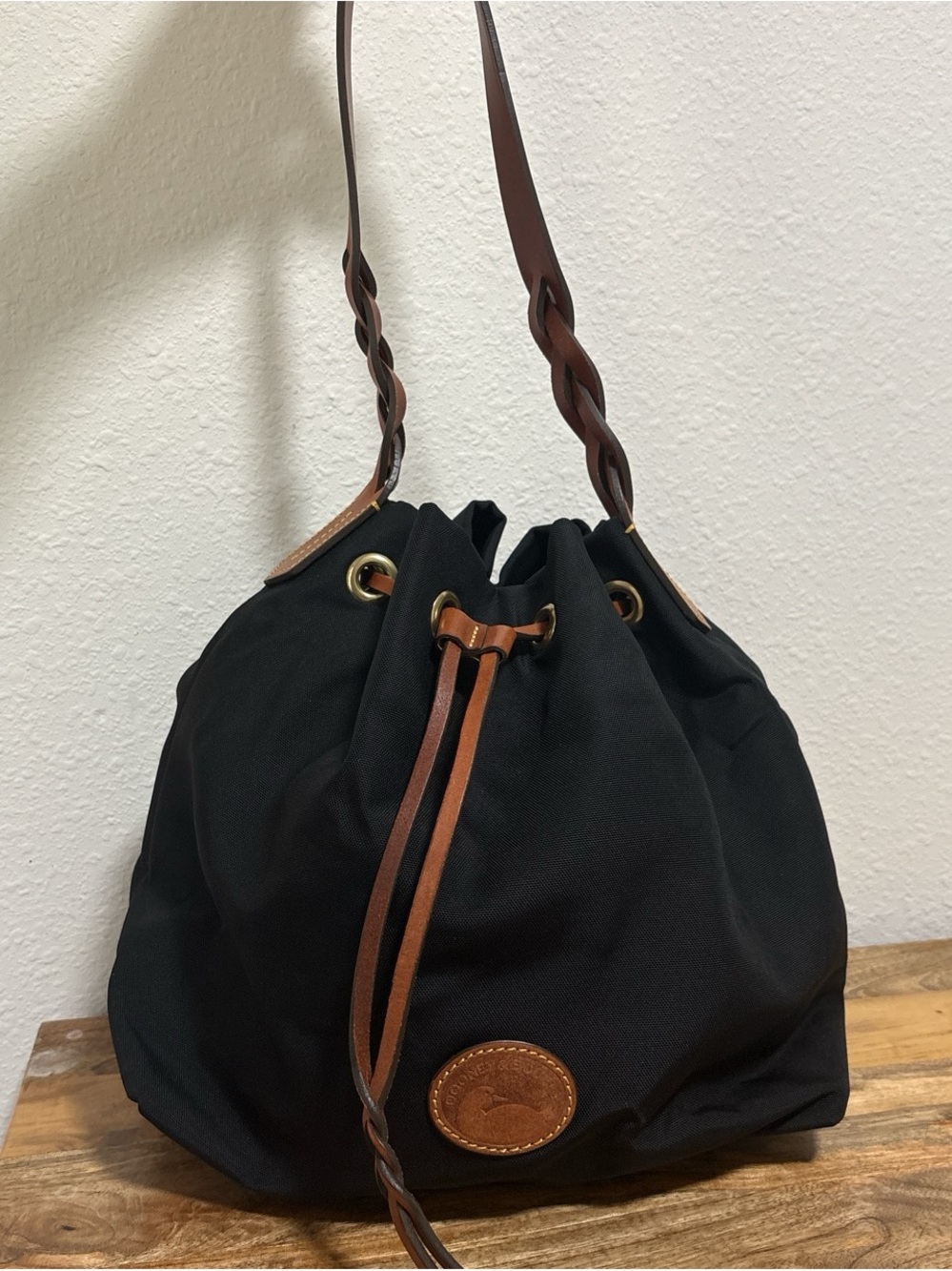 Dooney & Bourke Black Nylon Drawstring Bucket Bag with Brown Leather Trim NWT